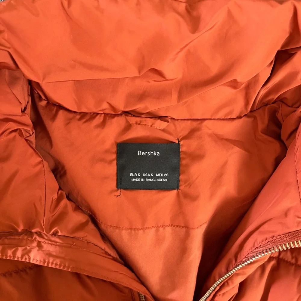 Bershka Puffer Jacket Kids Size S Orange Quilted Full Zip Stand Collar Warm Coat